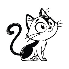 Cute Cartoon Cat Illustration – Adorable Black and White Kitten with Big Eyes .