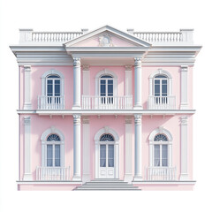 Fototapeta premium Elegant pink classical mansion facade isolated on white background architectural illustration featuring columns balconies and windows
