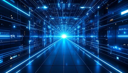 Futuristic blue neon light tunnel. Abstract digital data stream concept. Perfect for technology, innovation, and future themes.
