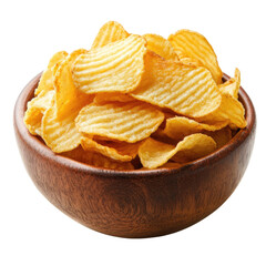 Crispy potato chips in a wooden bowl ready for snacking at a gathering transparent background, cutout PNG