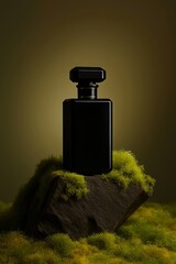 Elegant black perfume bottle rests on moss-covered rock a nature-inspired fragrance advertisement