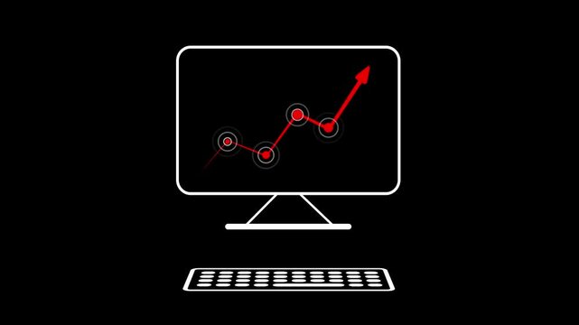 business growth chart, upward trend graph, computer screen analytics, line art monitor, financial data, digital success icon