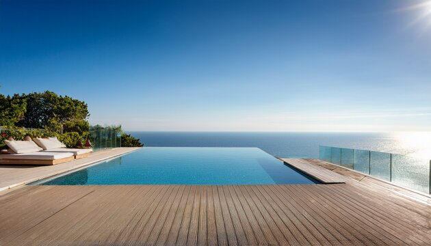 modern waterfront patio with infinity pool overlooking serene ocean view on a clear day