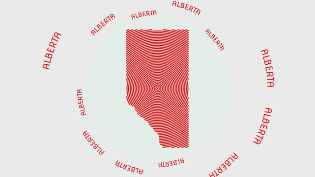 Alberta shape with dynamic circles visual effect. Animation of Alberta logo appearing from rotating rings and Province name around the shape. Intro, opening, closing, logo video.