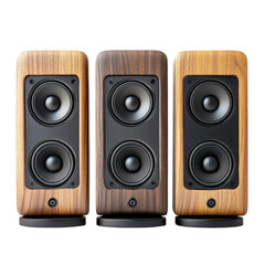 Fototapeta premium Stylish wooden speakers showcasing three color options ready for home audio setup transparent background, cutout PNG