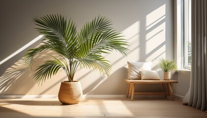 Fototapeta premium elegant indoor palm plant in a modern living space with soft light and shadows