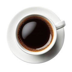 Freshly brewed dark coffee in a white cup viewed from above with contrasting saucer, transparent background, cutout PNG