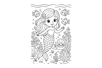 Fototapeta premium Hand Draw Cute Animal, Kawaii, Page Coloring For Kids, Mermaid, Sea, Forest, Coloring Book Illustrations