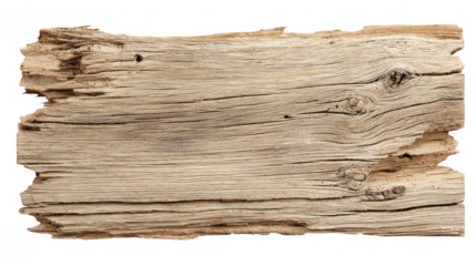 Close up of a weathered wooden plank showing its splintered edges, knots, and aged texture, isolated on a transparent background, offering a rustic and natural element for design projects
