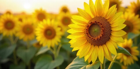 Fototapeta premium A field of vibrant sunflowers in full bloom, their faces turned towards the sun, with a close-up of ripe sunflower seeds Perfect for nature, agriculture, and healthy food themes , sunflowers, healthy