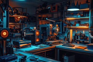 High-tech workshop interior with complex machinery, glowing lights and computer equipment, representing innovation and modern technology.