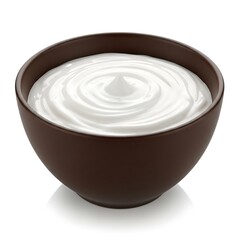 Creamy white yogurt or sour cream in a dark brown bowl isolated on white