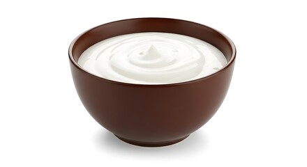 Creamy white yogurt in a brown bowl on a white background for healthy eating
