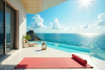 Fototapeta premium A serene scene of a single yoga mat on a sun-drenched balcony overlooking a tranquil ocean, embodying the peace and quiet of solo wellness , healthy living, wellness