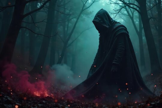 A shadowy figure shrouded in darkness, embodying temptation and moral failings, symbolizing the seductive nature of vice and the consequences of indulgence , night, unsettling