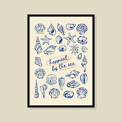 Coastal life sketch style vector illustration in a poster frame. Art for print design, greeting card, postcards, branding, logo design.