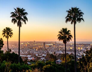 Sunset cityscape view from hilltop, framed by palm trees. Serene, peaceful urban landscape at golden hour.
