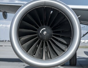 Close-up of an airplane engine; powerful jet engine; silver metallic casing; dark gray fan blades; detail of aircraft technology.