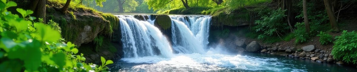 Fototapeta premium Cascading springtime waterfall, vibrant green foliage surrounding the powerful flow of water Sunlit, fresh, and lively, perfect for nature, travel, and environmental themes , fresh, natural, rushing
