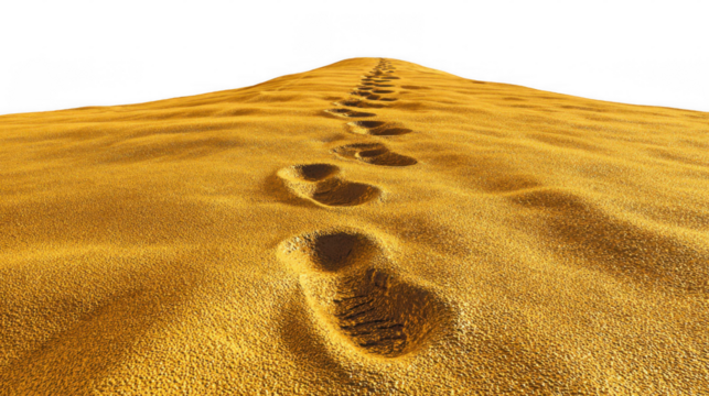 Footprints are creating a path on golden sand dunes, traversing a vast, shimmering expanse under a transparent sky, offering a captivating view of human presence in a surreal environment