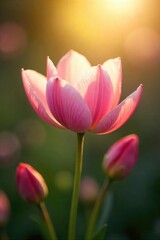 Naklejka premium Close-up of a single, delicate flower, bathed in soft sunlight, petals unfurling in perfect symmetry; a visual representation of beauty and tranquility , natural light, garden, delicate