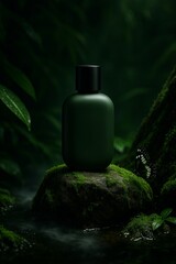 Lush Rainforest Setting Showcases Elegant Dark Green Perfume Bottle Resting on Mossy Rock near Stream