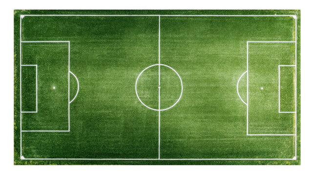 Zenithal aerial view of an empty soccer field with transparent background, highlighting the vibrant green grass and precise white lines marking the playing area