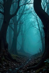 Naklejka premium Dark, ominous forest scene with tangled branches, deep shadows, and a sense of impending danger Perfect for horror, thriller, or suspense projects , night, dark woods, trail