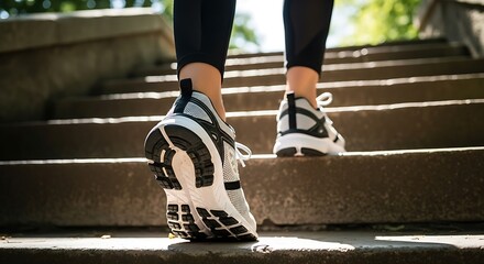 Person running up stairs in athletic shoes during a workout in natural light