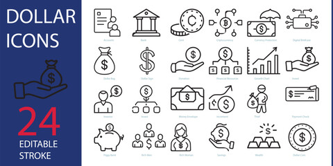 Money and dollar Line Icons. Editable Stroke. Pixel Perfect. For Mobile and Web. Contains such icons as Money, Wallet, Currency Exchange, Banking, Finance.