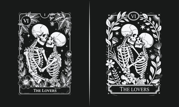 Skeleton Lovers Embracing with Celestial and Floral Designs: The Lovers Tarot Card with Dark Gothic Aesthetic