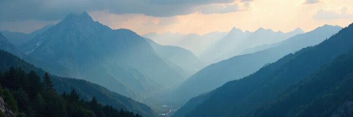 Misty mountain peaks shrouded in a smoky haze, creating an ethereal and mysterious atmosphere Sunlight filters through the clouds, illuminating the rugged terrain , travel, elevated