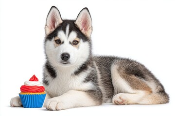 Fototapeta premium Adorable Husky Puppy with 4th of July Cupcake Toy Isolated on White Background