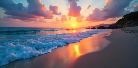 Fototapeta premium Serene beach scene at sunset, tranquil waves lapping the shore, perfect for relaxation and mindfulness Ideal for stress relief, calm, and peaceful imagery , escape, quiet