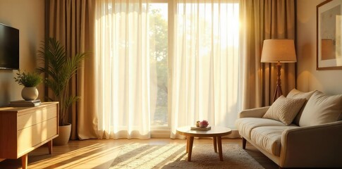 Fototapeta premium Soft, diffused sunlight streams through sheer curtains, illuminating a softly furnished room with a gentle, warm glow Ideal for home d?cor, serenity, and relaxation themes , relaxation, home