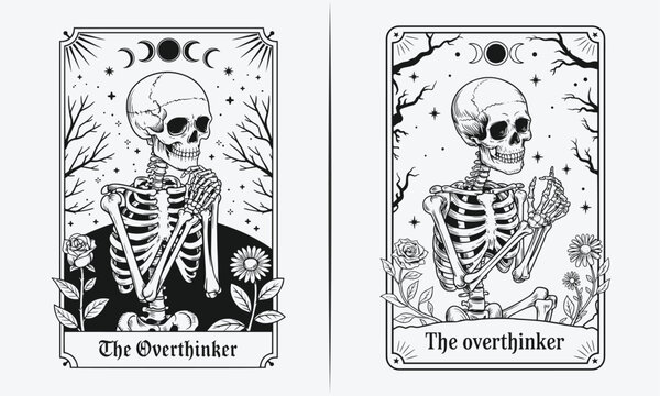 Skeleton Overthinking in the Moonlight: The Overthinker Tarot Card Design with Celestial and Floral Motifs