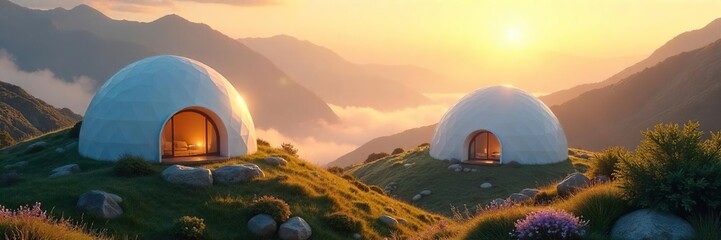Fototapeta premium Serene, ethereal spiritual domes nestled in a mystical landscape bathed in soft, golden light Perfect for meditation, yoga, or spiritual retreat imagery , structure, inner peace