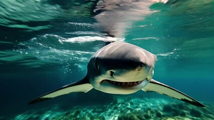 A large shark swims gracefully underwater. The scene captures the clear blue ocean and sunlight filtering through the water's surface.