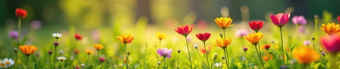 Obraz premium Vibrant wildflowers explode with color in a lush meadow, bathed in the warm sunlight of a spring afternoon Perfect for nature, spring, and environmental themes , outdoor, blooming