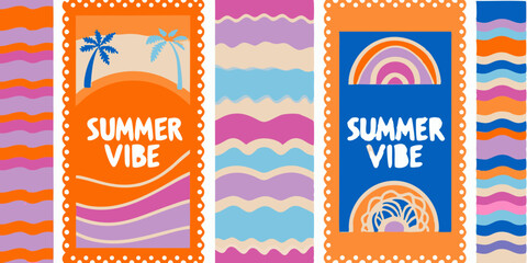 Colorful Summer Vibe Illustrations with Palm Trees Rainbows and Waves Perfect for Summer Themed Designs and Creative Projects with a Fun