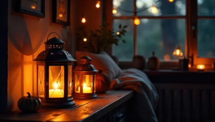 Warm, inviting glow of lanterns illuminating a cozy home interior at night Perfect for autumn, fall, home decor, hygge, and lifestyle imagery , holiday, room