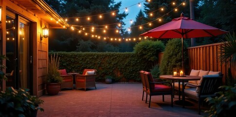 Fototapeta premium Warm, inviting glow of outdoor string lights illuminating a patio at night, creating a cozy ambiance perfect for relaxation , romantic lighting, bright, evening ambiance