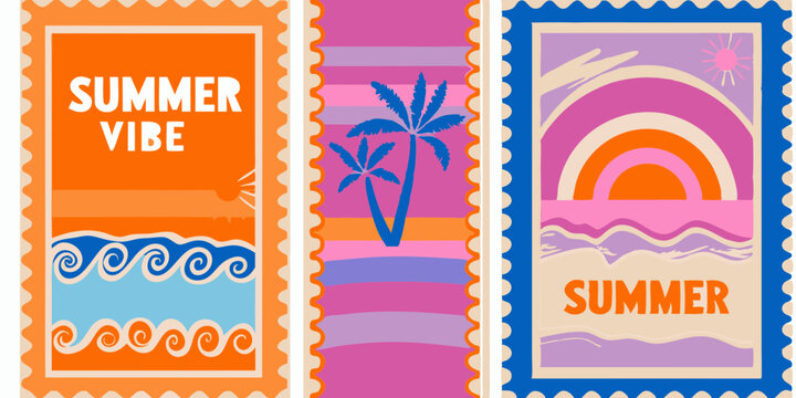 Colorful Summer Postcard Stamps Set Featuring Tropical Beach Palm Trees and Retro Sunset Designs for Vacation and Holiday Themes and Decoration