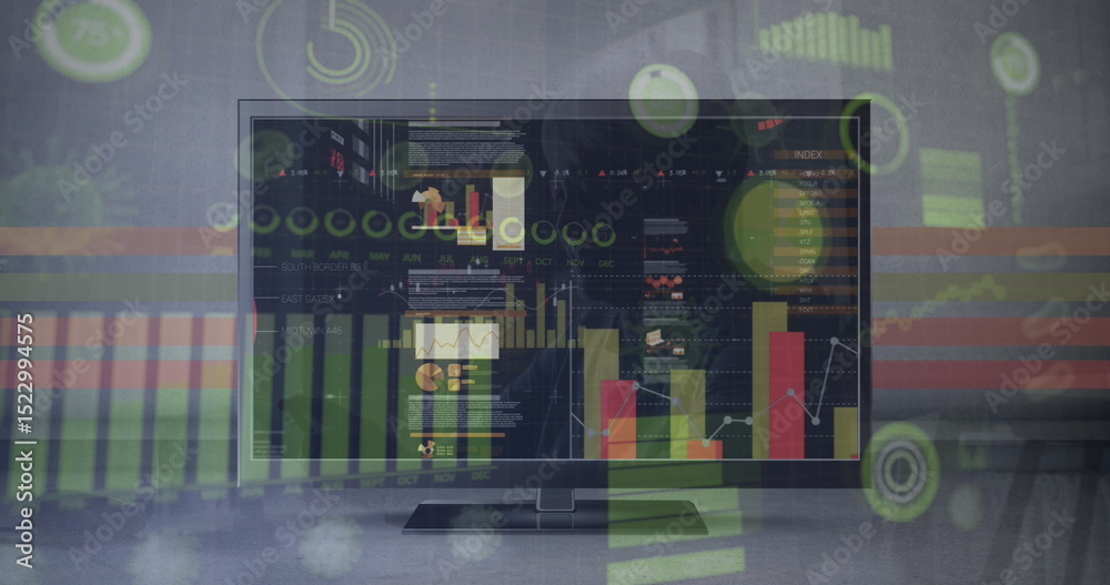 Poster image of data processing on computer screen and diverse graphs