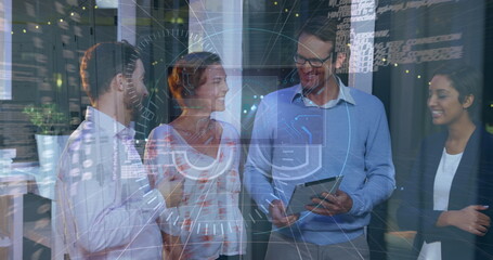 Image of data processing over diverse business people talking