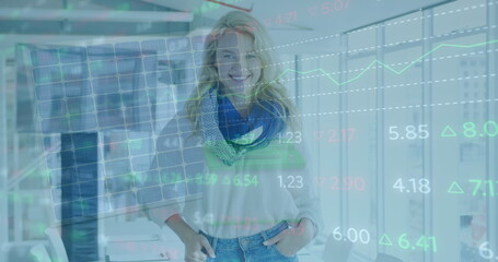 Image of data processing over caucasian businesswoman in office