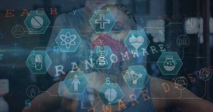 Image of icons and virus warning over tired fit woman in face mask