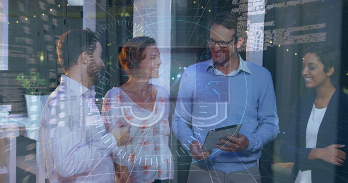 Image of data processing over diverse business people talking