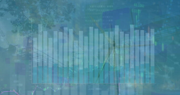 Showing transparent bar and line charts floating over park with skyscrapers and candlestick data