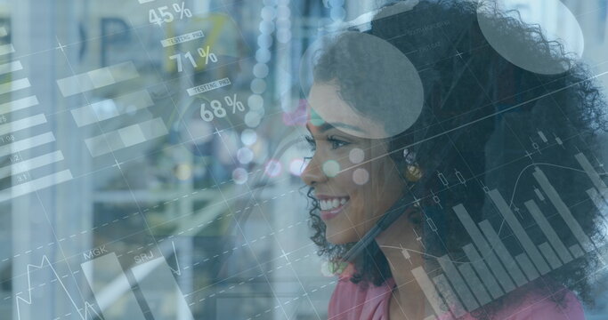 Image of data processing over businesswoman using phone headset in office